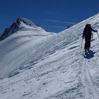 Jetzt geht es über den flachen, oberen Teil des Wasserfallferners zum Gipfelaufschwung