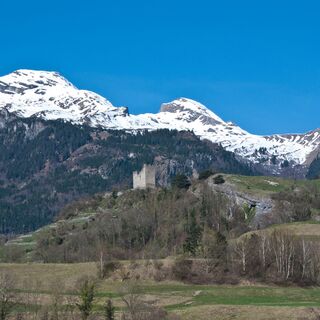 Blick aus der Ebene auf die Burgruine Wartau