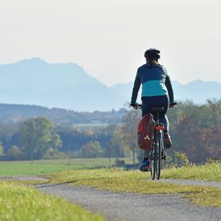 Radlerin mit Alpenpanorama
