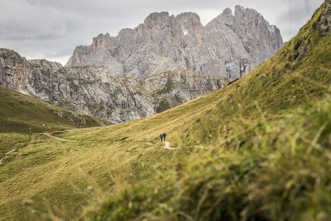 Italien, Südtirol, Wanderer auf dem Weg vom Gömajoch zur "Schlüterhütte", im Hintergrund die Aferer Geisler, Europa, 09.09.2015 Engl.: Europe, Italy, South Tyrol, hikers on the trail from Gömajoch pass to "Schlüterhütte" mountain hut with Aferer Geisler mountains in the background, travel, leisure, Alps, mountains, hiking, Dolomites, trekking, 09.September.2015
