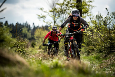 2 Mountainbiker fahren über Gras an Büschen vorbei