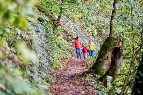 Eine Mutter mit zwei Kindern auf einem Waldweg