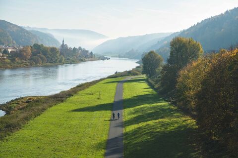 Panoramablick von der Stadtbrücke auf Bad Schandau mit dem Elberadweg