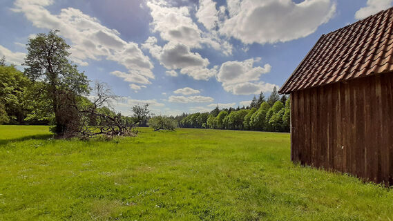 Blick vom alten Forsthaus auf die Wiesen am NORDPFAD Hinzel
