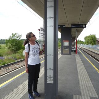 Beeindruckende Hochwassermarken an der Bahnhaltestelle Weitwörth. Die oberste Marke zeigt mit 2,54 m den Stand 13.9.1899 an.