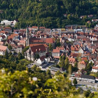Ausblick vom Vorderen Hanner Felsen auf Bad Urach