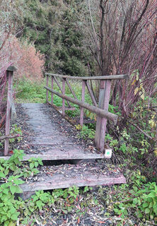 der blaue Punkt führt über die Holzbrücke