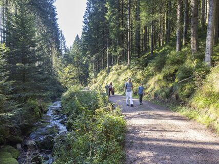 Eine Familie auf dem Flößerpfad an der Kinzig zwischen Loßburg und Ehlenbogen