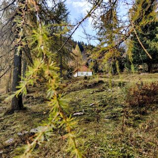 Die Alm liegt versteckt unterhalb der Wand des Spielbergs.