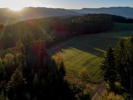Panoramablick ins Zweitälerland aus der Luft über dem Bildstein, Freiamt, Oberspitzenbach. Im Hintergrund der Rohrhardsberg.