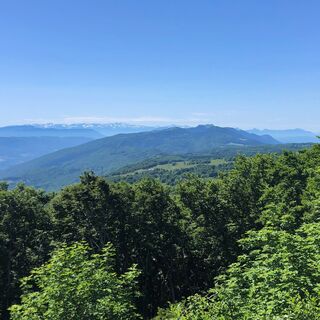 Panorama auf den Grand Colombier, die Chartreuse und das Massiv der Belledonne vom Crêt du Nu aus