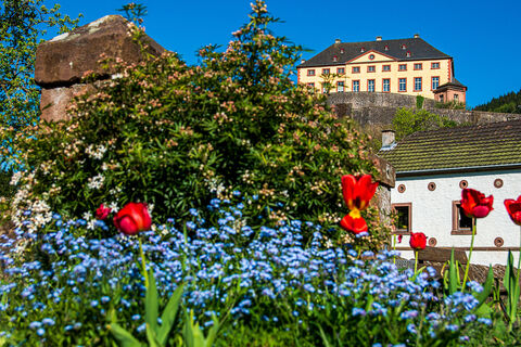 Blick auf Schloss Malberg und das Hopfenhaus von der Tellstraße in Malberg