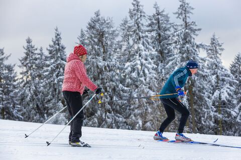 Langläufer-Paar auf der Abfahrt in der Loipe