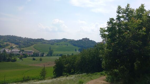 Blick vom Pavarolo auf das Schloss Montaldo Torinese