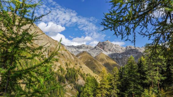 Blick vom Höhenweg zum Piz Fier in der Val Trupchun