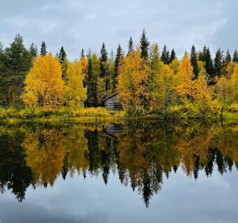 Entlang des Weges gibt es auch im Herbst schöne Landschaften, wenn man jenseits des Flusses neben dem herbstlichen Laub auch die alte Blockhütte des Heimatmuseums sehen kann.