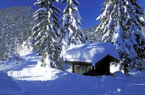 Verschneite Huette an Langlaufloipe (c) TVB Kitzbüheler Alpen-Brixental, Fotograf Albin Niederstrasser.JPG