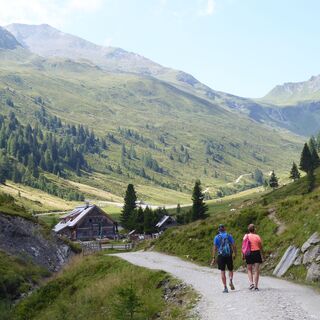 Am Beginn der Querung bei der Zauneralm im Hinteren Riedingtal mit Blick auf den Wasserfall, das erste Etappenziel.