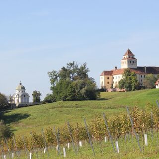 Blick vom Loisium auf Schloss und Mausoleum Ehrenhausen