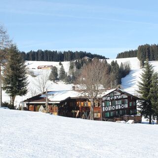 Der Blick fällt auf viele Allgäuer Bauernhöfe
