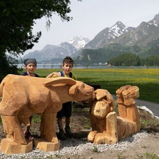 Ziege Lumpazza mit Karl und Kindern vor der Silsersee Ebene