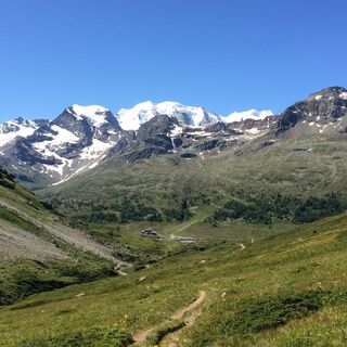 Blick auf den Piz Palü und die Talstation der Diavolezza Bahn