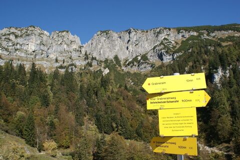 Wegweiser bei der Grabneralm (im Hintergrund die Jungfernscharte, die man bei der Überschreitung überwinden muss)