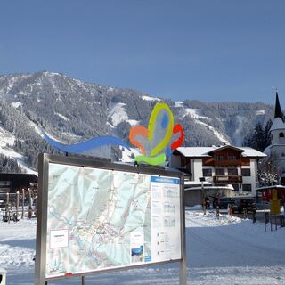 Auf der Info-Tafel mit den eingezeichneten Loipen und Winterwanderwegen hat sich der Schmetterling niedergelassen.