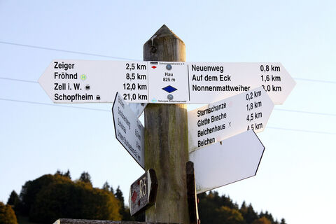Wegweiser auf der Passhöhe Hau.