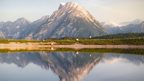 Drohnenaufnahme Gschwandtkopf Speichersee - Person läuft entlang des Speichersees mit Hohe Munde im Hintergrund (3).jpg
