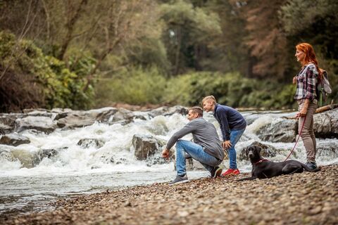 Familie mit Hund am Wasser