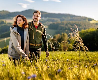 Zwei Wandernde neben einem Getreidefeld mit Kornblumen, im Hintergrund hügelige Landschaft mit Wäldern