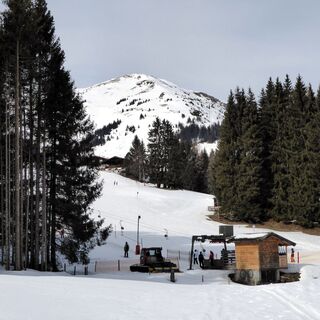 Der Aufstieg führt links am Tellerlift entlang. In der Bildmitte der Baukogel.