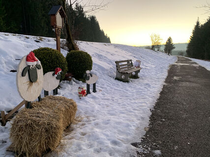 Holzschafe auf dem Obernheimer Weihnachtswanderweg