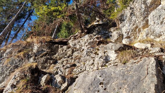 Kurze ungesicherte Kletterpassage nach oben