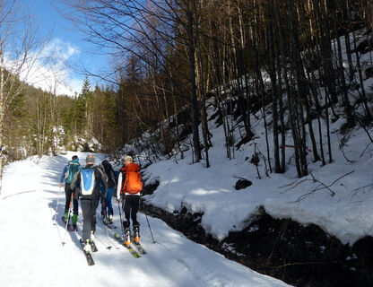 Am Beginn der Skitour auf der Rodelbahn durch den Rinnberggraben.