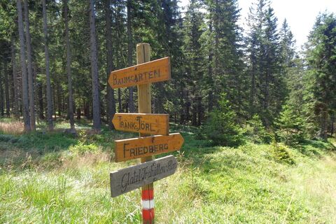 Hölzerne Hinweistafeln auf der Wexl Trail Route 58