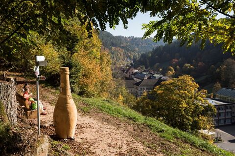 Wegweiser Teinacher mit Blick auf Teinacher Mineralbrunnen