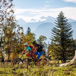 Herbstliches Mountainbiken mit dem Dachstein im Hintergrund
