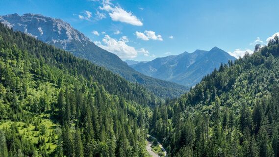 am Beginn der MTB Tour "465 Rund um den Guffert" - Drohnenaufnahme: links der Guffert, gerade aus die Unnütze