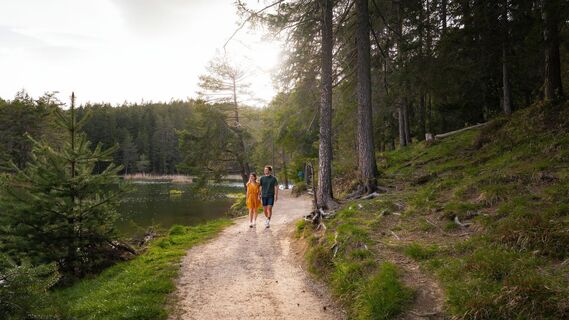 Möserer See im Frühling - Paar läuft entlang des Seeweges.jpg
