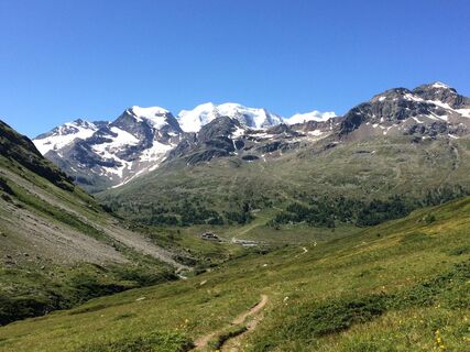 Blick auf den Piz Palü und die Talstation der Diavolezza Bahn