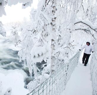 Myllykoski-Hängebrücke am Wanderweg Pieni Karhunkierros im Oulanka-Nationalpark, Ruka-Kuusamo, Lappland, Finnland