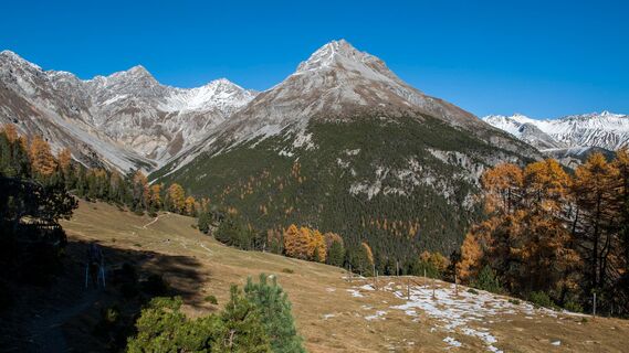 Von der ehemaligen Alp Grimmels aus dominiert linker Hand der Piz dal Fuorn.
