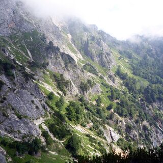 Rückblick von der Toni Lenz Hütte auf den Wegverlauf in Richtung Schellenberger Sattel.