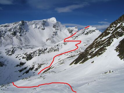 Grüneckerseespitze mit skizzierter Anstiegsroute vom Luggetörl