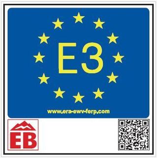 Markierungszeichen des Wanderweges: gelbe E3 im gelben Sternen-Ring auf blauem Grund