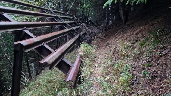 Hier der Weg im Wald Aufwärts , immer wieder durch Lawinenverbauungen.