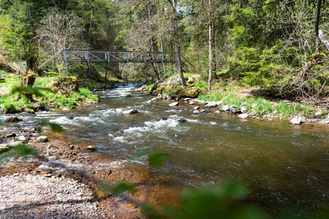 Brücke führt über einen Fluss auf der Viadukt- und Schluchtentour