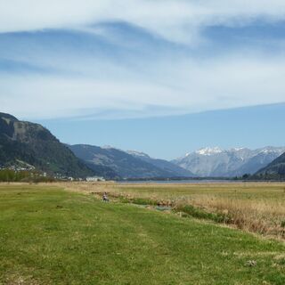 Der Blick vom verlandeten Ufer Richtung Norden: im Vordergrund der Zeller See, im Hintergrund das Steinerne Meer.